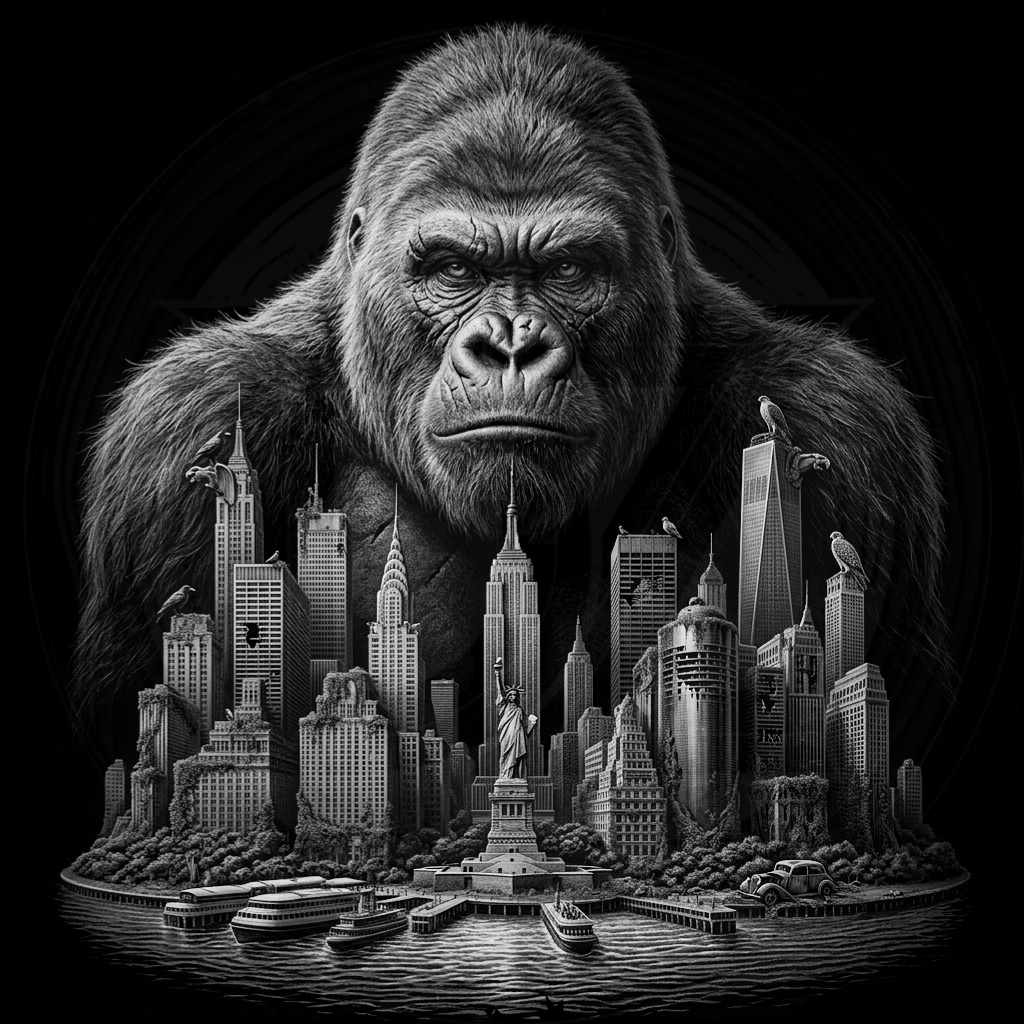 Illustration of a gorilla towering over a cityscape with iconic buildings.