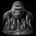 Illustration of a gorilla towering over a cityscape with iconic buildings.
