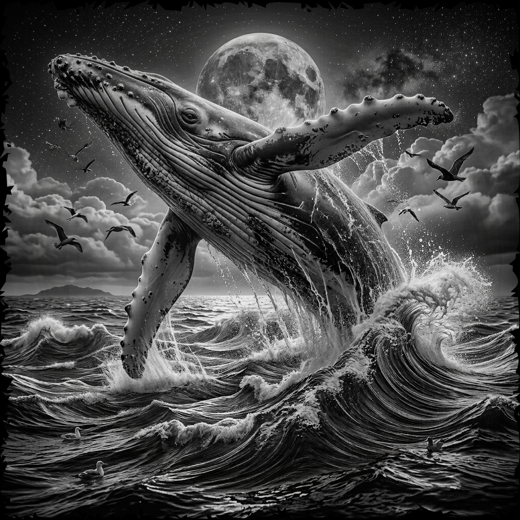 Black and white illustration of a whale breaching through waves with a moonlit sky.