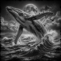 Black and white illustration of a whale breaching through waves with a moonlit sky.