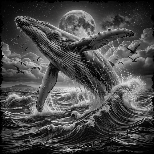 Black and white illustration of a whale breaching through waves with a moonlit sky.