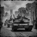 Tank with American flags in a war-torn city street