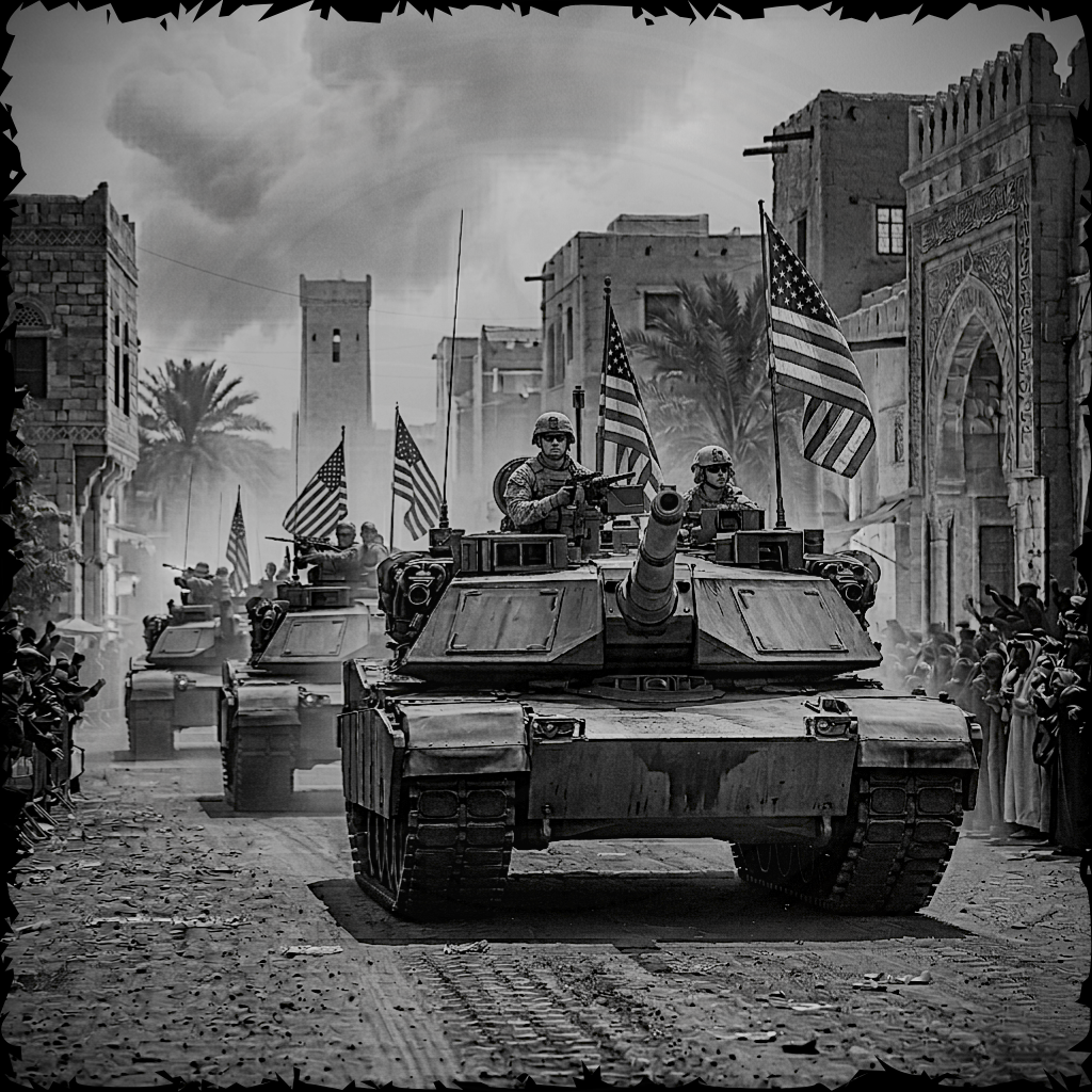 Tank with American flags in a war-torn city street