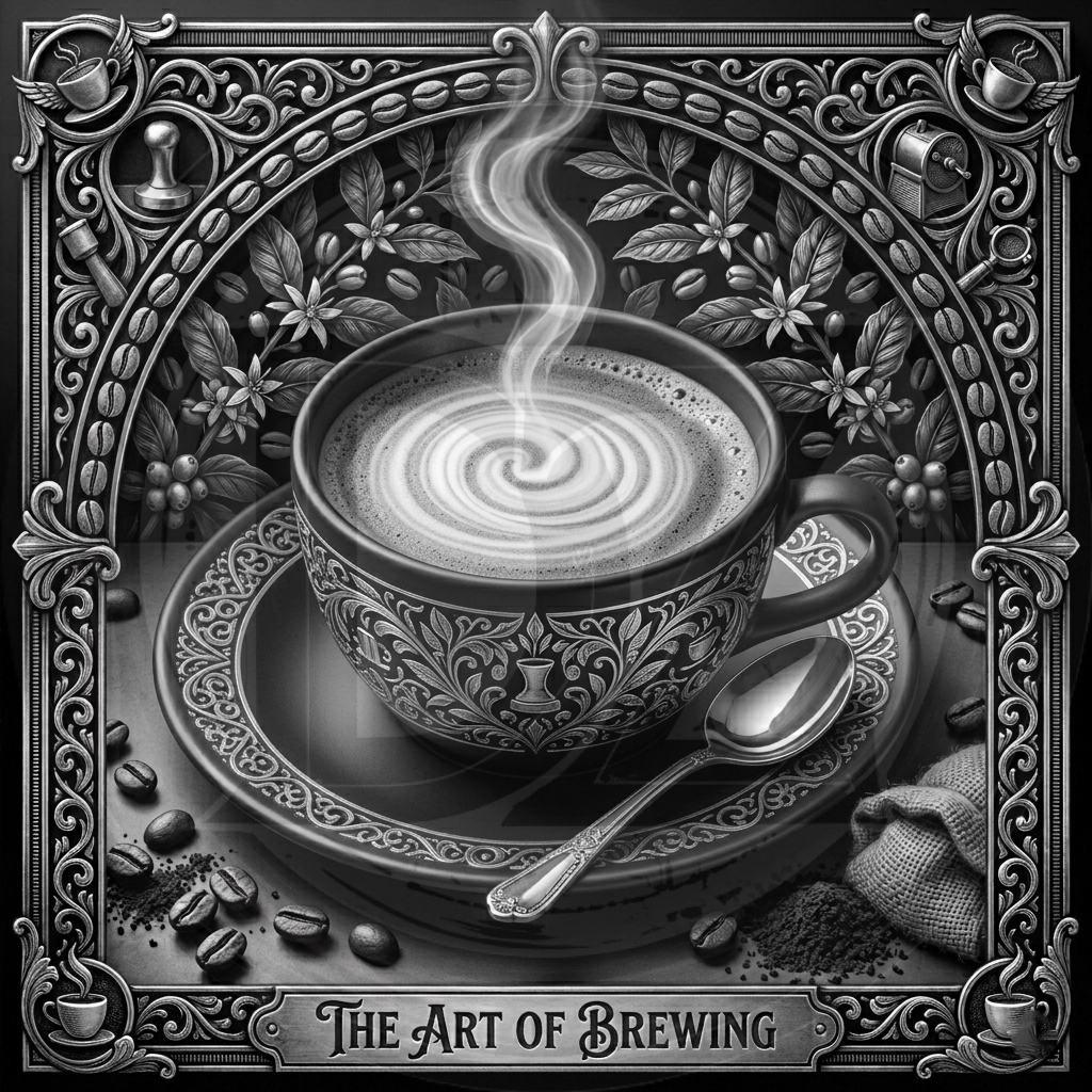 Decorative image of a steaming coffee cup with intricate designs and 'The Art of Brewing' text.