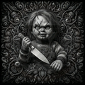 Illustration of a doll with a knife surrounded by intricate patterns and symbols