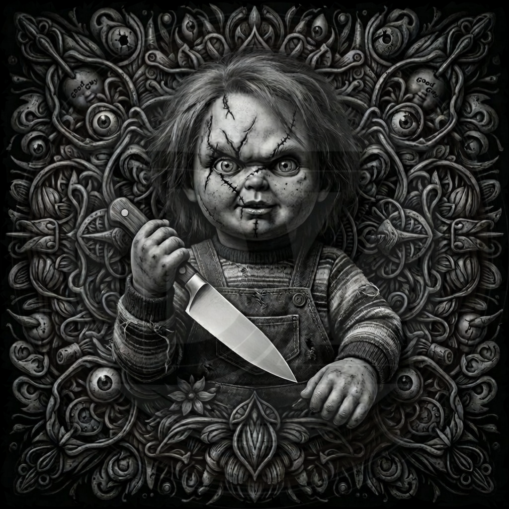 Illustration of a doll with a knife surrounded by intricate patterns and symbols