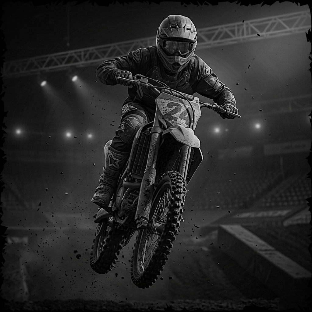 Motocross rider in mid-air over a jump with a dark, gritty background