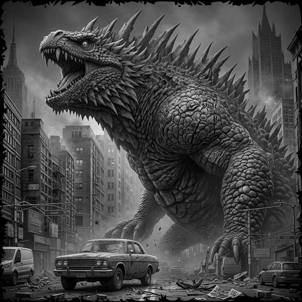 Monster-like creature in a cityscape with tall buildings and cars.