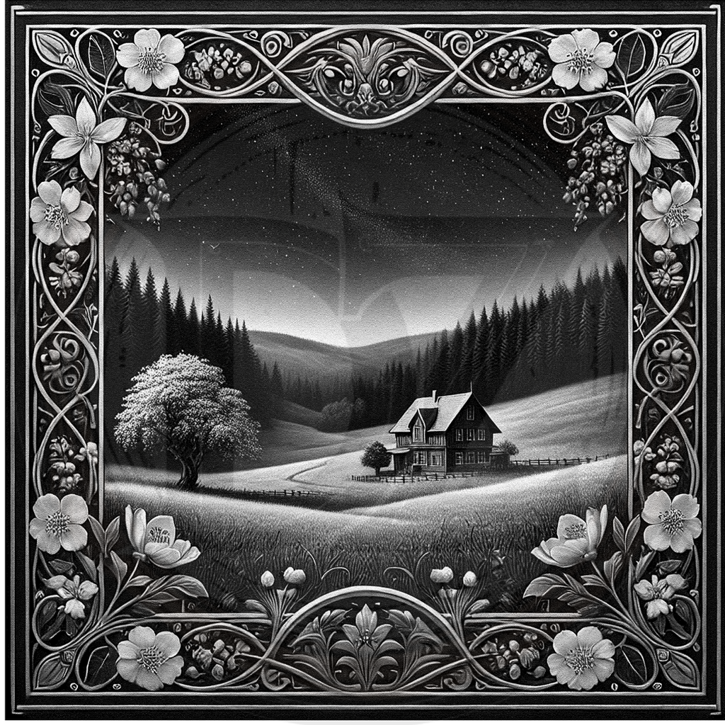 Decorative landscape with a house and trees framed by floral and decorative elements.