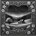 Decorative landscape with a house and trees framed by floral and decorative elements.