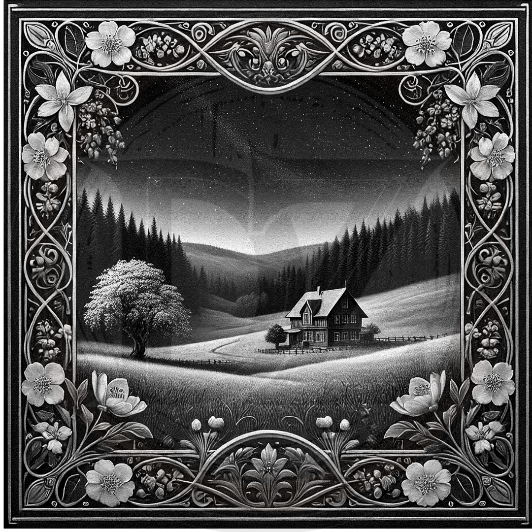 Decorative landscape with a house and trees framed by floral and decorative elements.