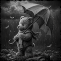 Teddy bear holding an umbrella in a rainy scene with dark clouds and falling feathers.