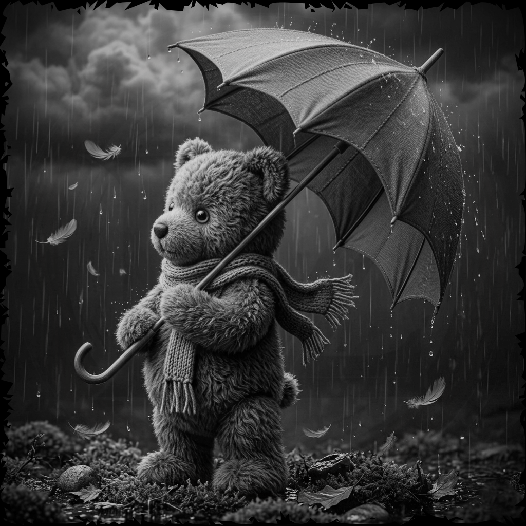 Teddy bear holding an umbrella in a rainy scene with dark clouds and falling feathers.