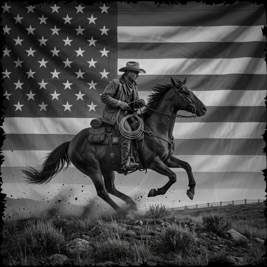 Cowboy riding a horse with an American flag in the background