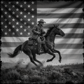 Cowboy riding a horse with an American flag in the background