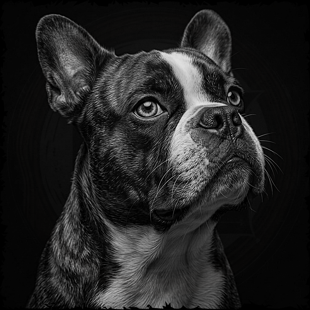 Black and white portrait of a dog with a dark background