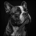 Black and white portrait of a dog with a dark background