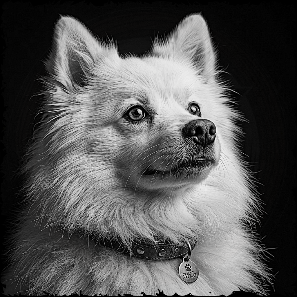 Black and white photo of a dog with a collar and tag on a dark background