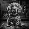 Dog wearing glasses and a 'LOVE' sweater in a room with bookshelves and heart decorations.