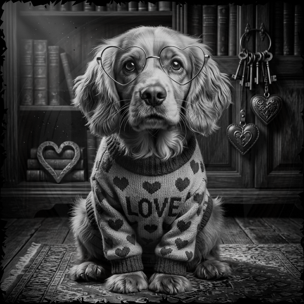 Dog wearing glasses and a 'LOVE' sweater in a room with bookshelves and heart decorations.