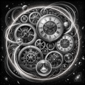 Black and white illustration of interlocking gears and clocks against a starry space background