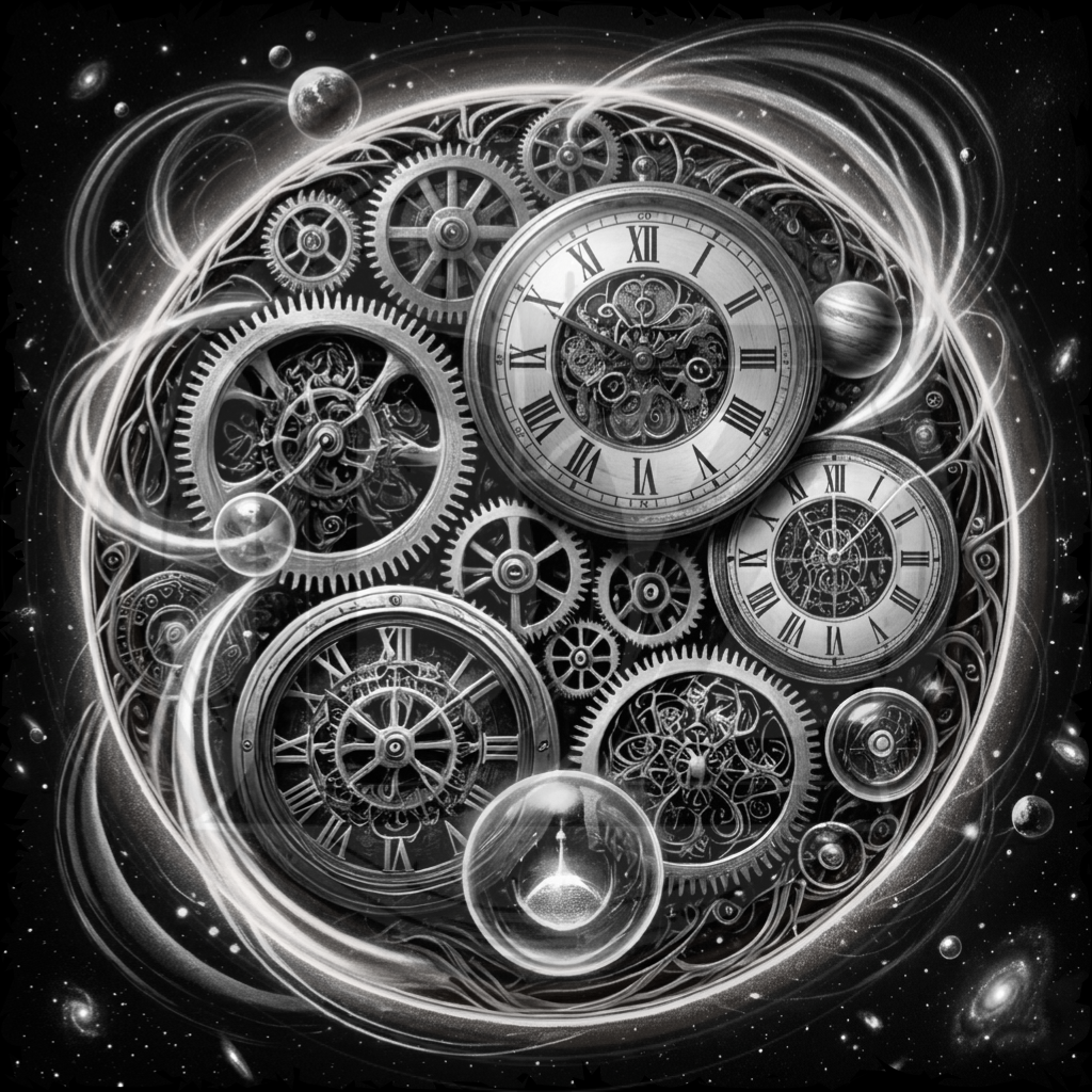 Black and white illustration of interlocking gears and clocks against a starry space background