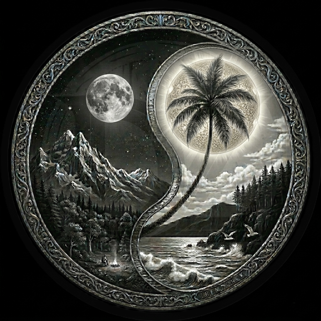 Yin yang symbol with mountain, palm tree, and beach landscapes on a black background