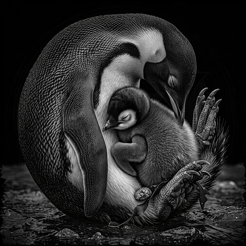 Black and white image of a penguin with its chick on a dark background