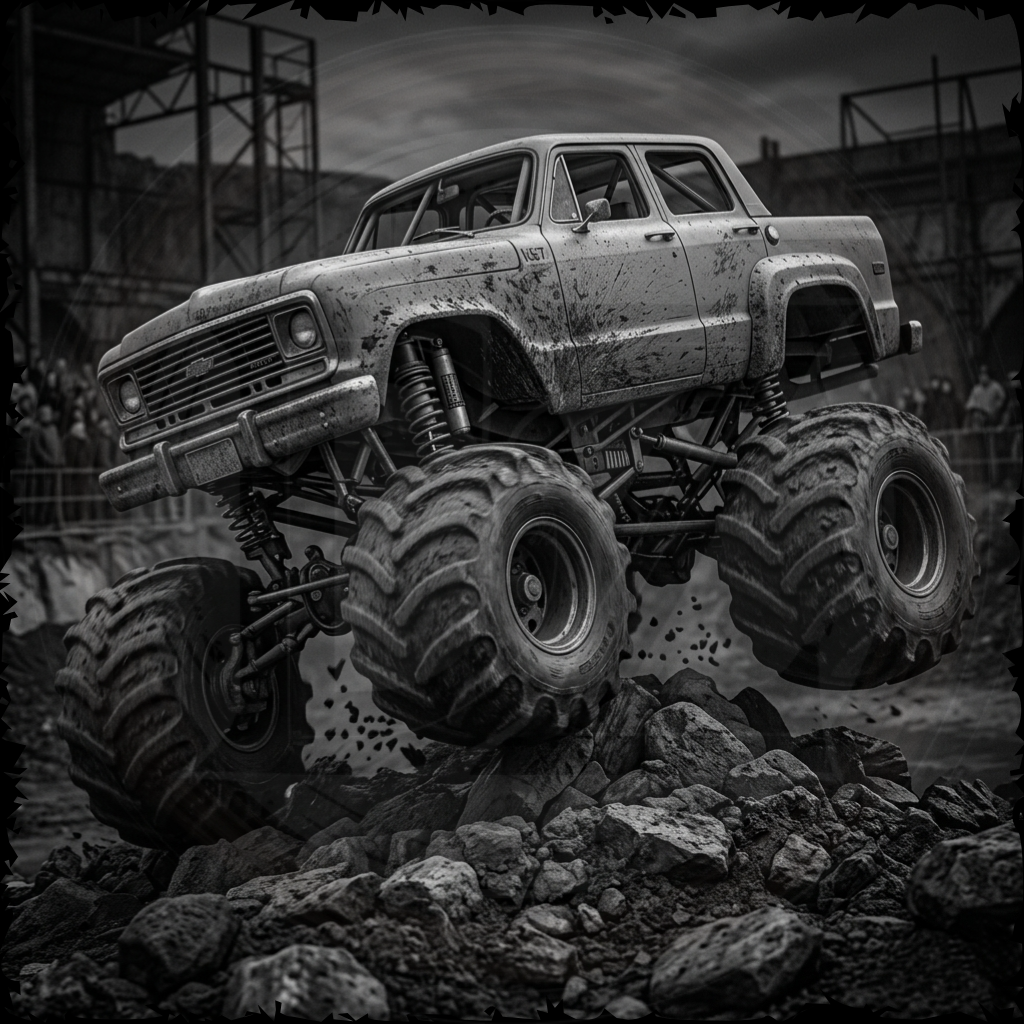 Monster truck on a rocky terrain with a dark, industrial background