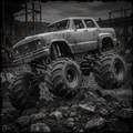 Monster truck on a rocky terrain with a dark, industrial background
