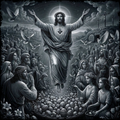 Black and white illustration of a central figure with outstretched arms surrounded by people and doves.