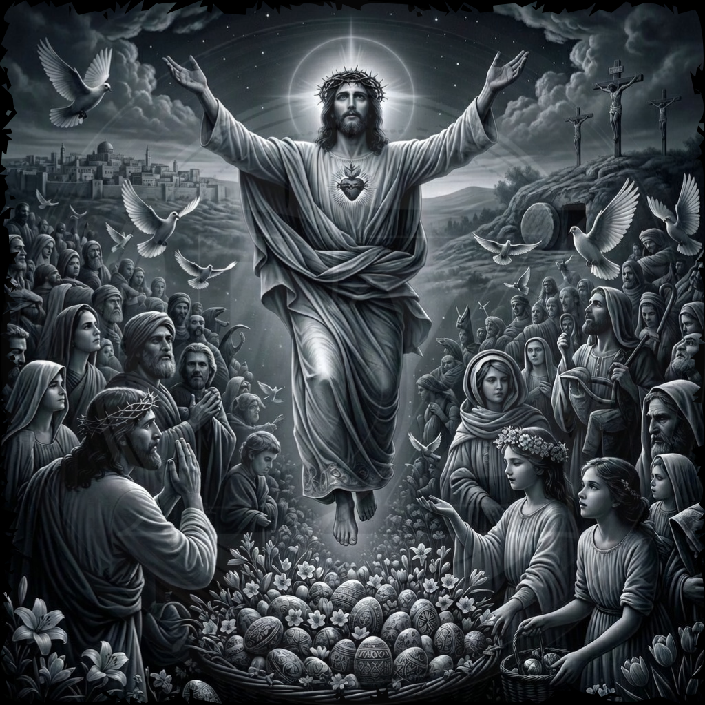 Black and white illustration of a central figure with outstretched arms surrounded by people and doves.