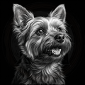 Black and white illustration of a dog's head on a black background