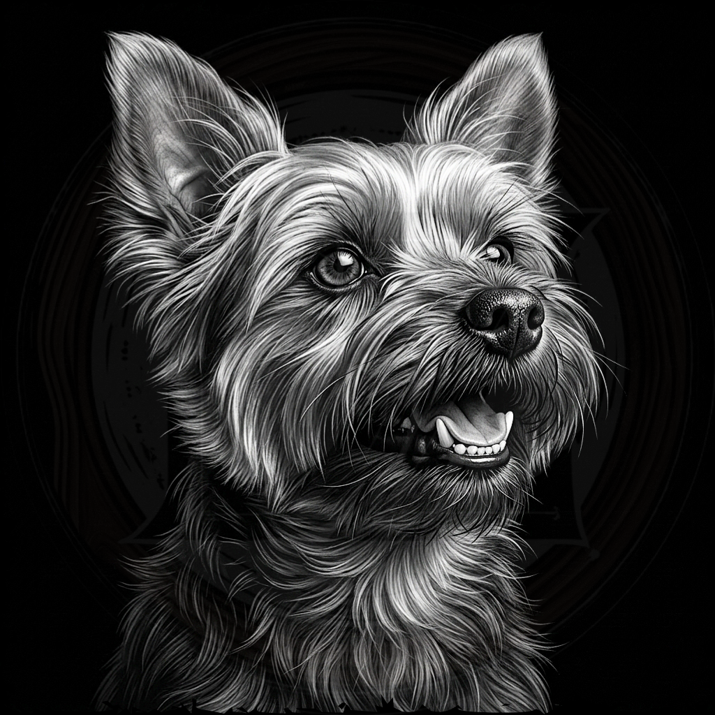 Black and white illustration of a dog's head on a black background