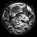 Circular design with bats and a moon on a black background