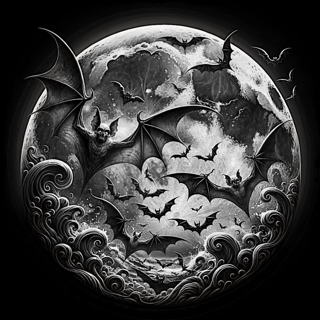 Circular design with bats and a moon on a black background