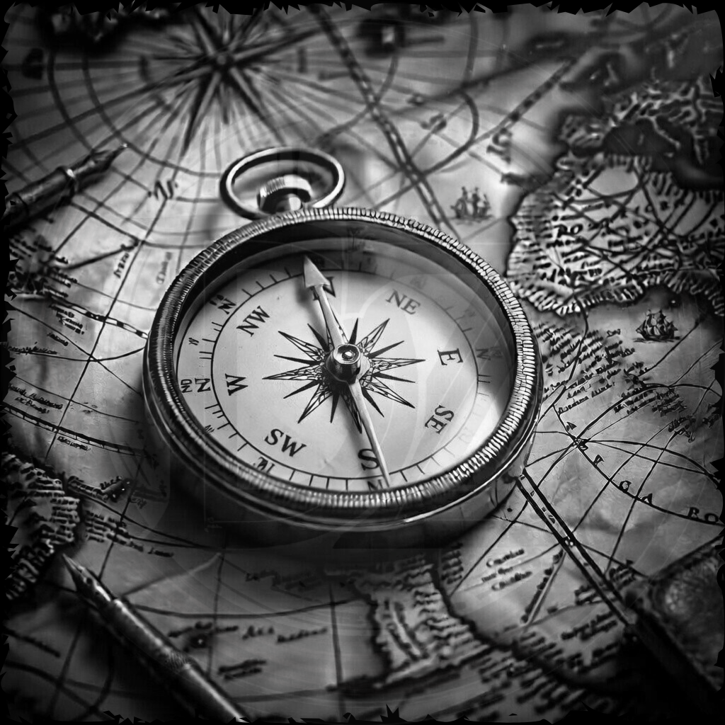 Vintage compass on an old map with a black and white color scheme