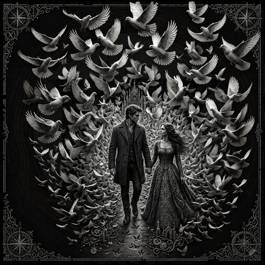 Black and white illustration of a couple walking through a tunnel of doves with a castle in the background.