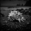 Decorative shell on a black sand beach with ocean and rock formations in the background