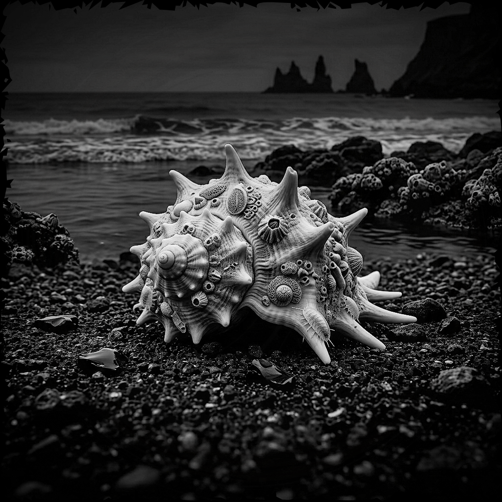 Decorative shell on a black sand beach with ocean and rock formations in the background