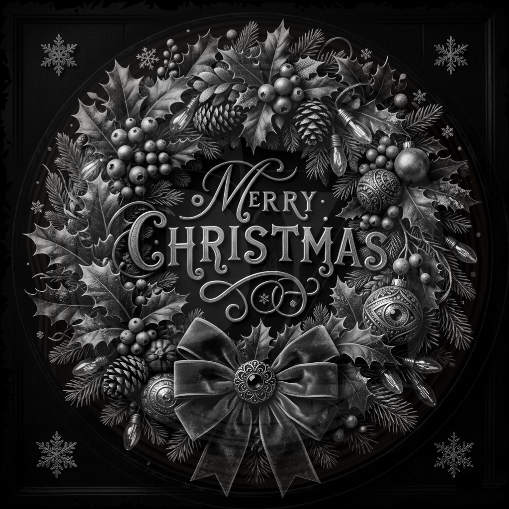 Decorative Christmas wreath with 'Merry Christmas' text and festive elements on a dark background.