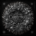 Decorative Christmas wreath with 'Merry Christmas' text and festive elements on a dark background.