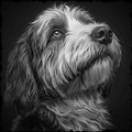 Black and white portrait of a dog with a dark background