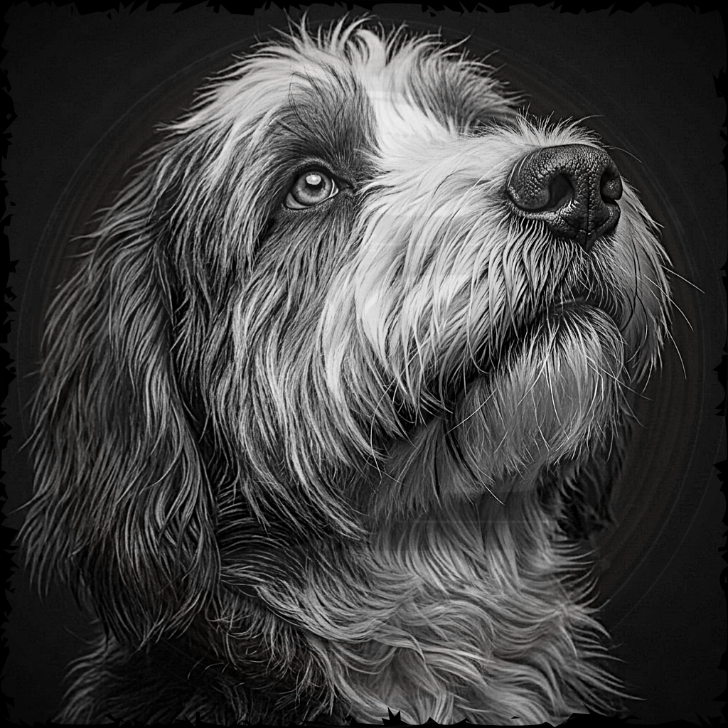 Black and white portrait of a dog with a dark background