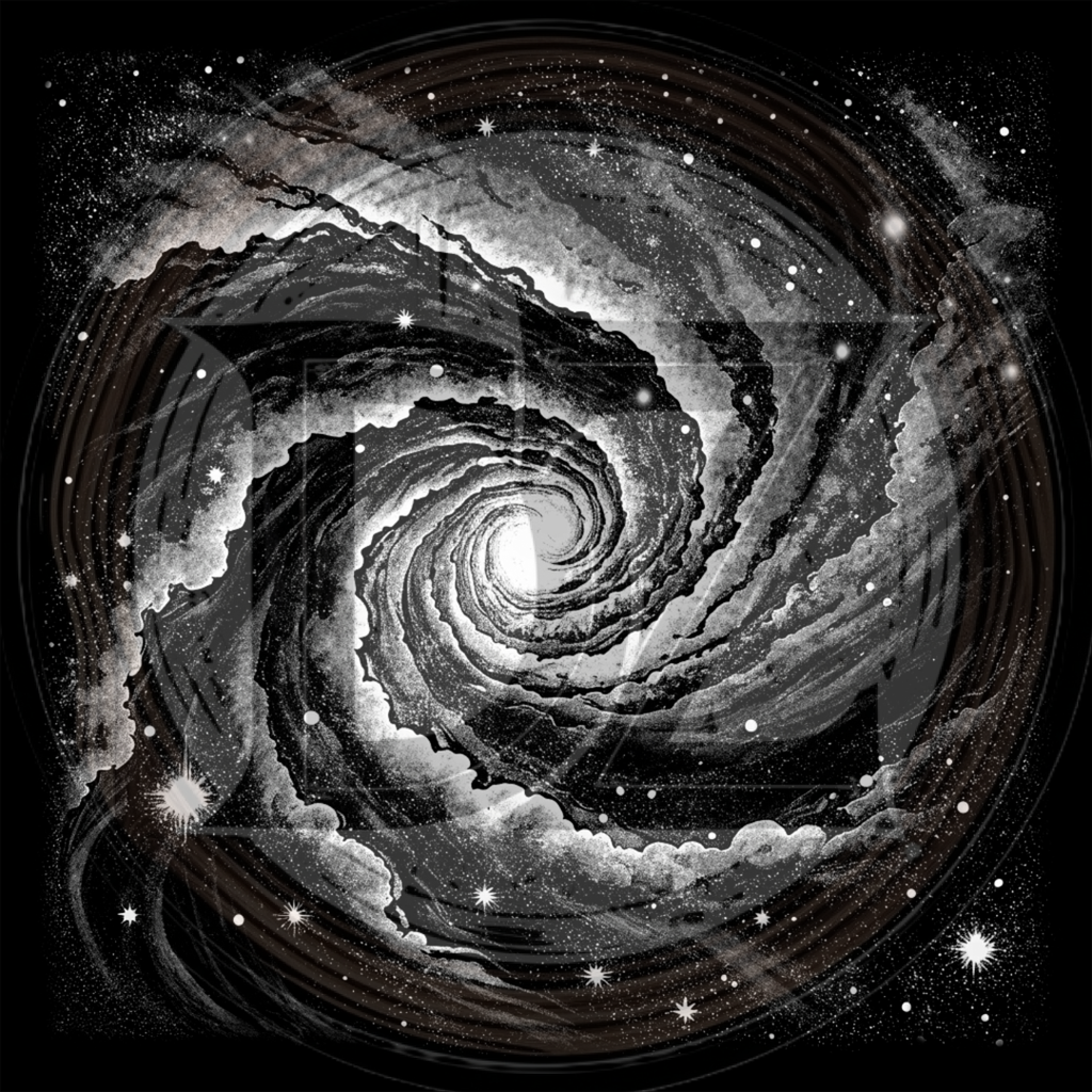 Black and white spiral galaxy illustration