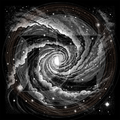 Black and white spiral galaxy illustration