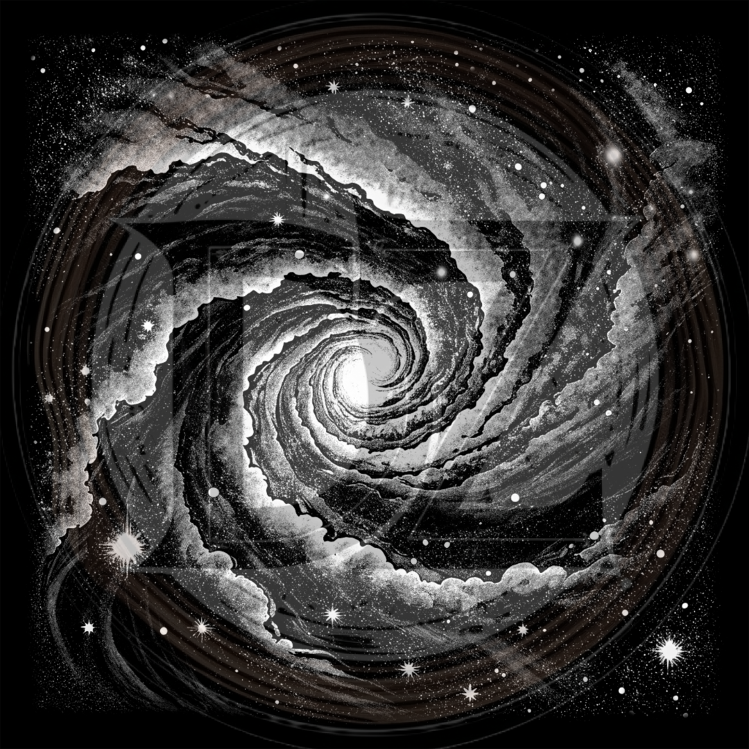 Black and white spiral galaxy illustration