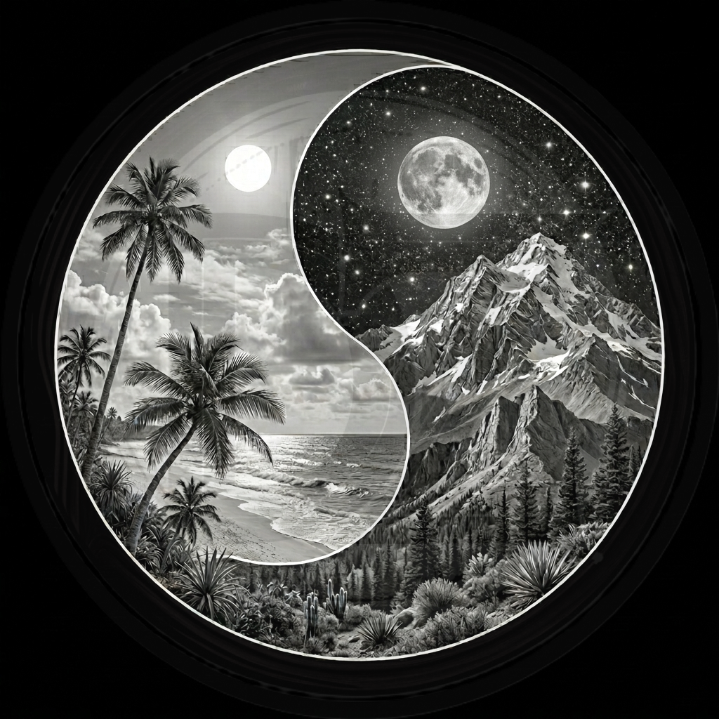 Yin yang symbol with tropical beach on one side and mountain landscape on the other, all in black and white.