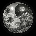 Yin yang symbol with tropical beach on one side and mountain landscape on the other, all in black and white.