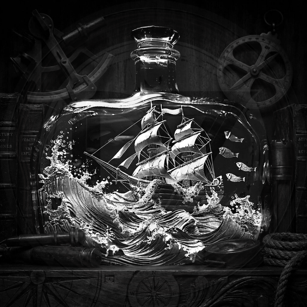 Decorative bottle with a ship and wave design on a dark background